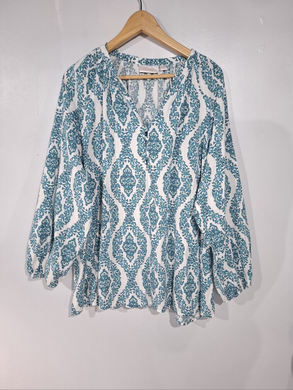 Belle by Kim Gravel Floral Ikat Blouson Tunic Sleeve Lightweight Blouse 3X Boho - Picture 2 of 12
